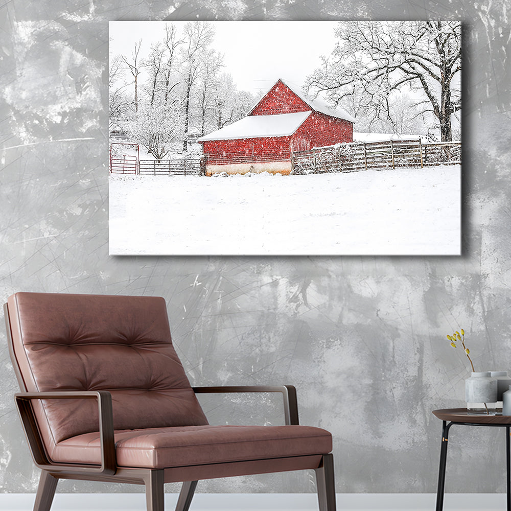 Southern red barn in the snow, Cavas Print Wall Art Hom Decor