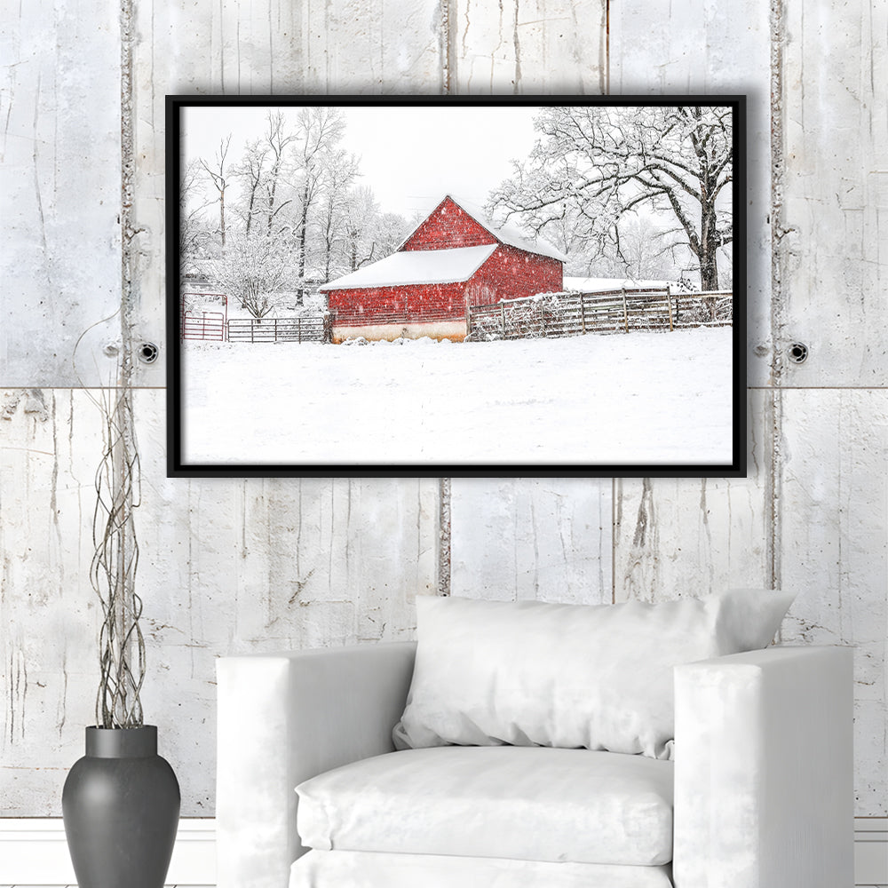 Southern Red Barn In The Snow, Framed Cavas Print, Floating Frame