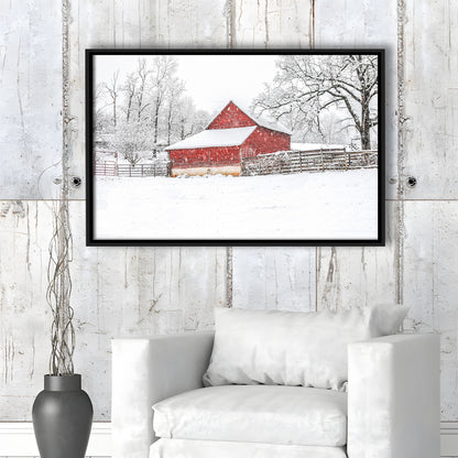 Southern Red Barn In The Snow, Framed Cavas Print, Floating Frame