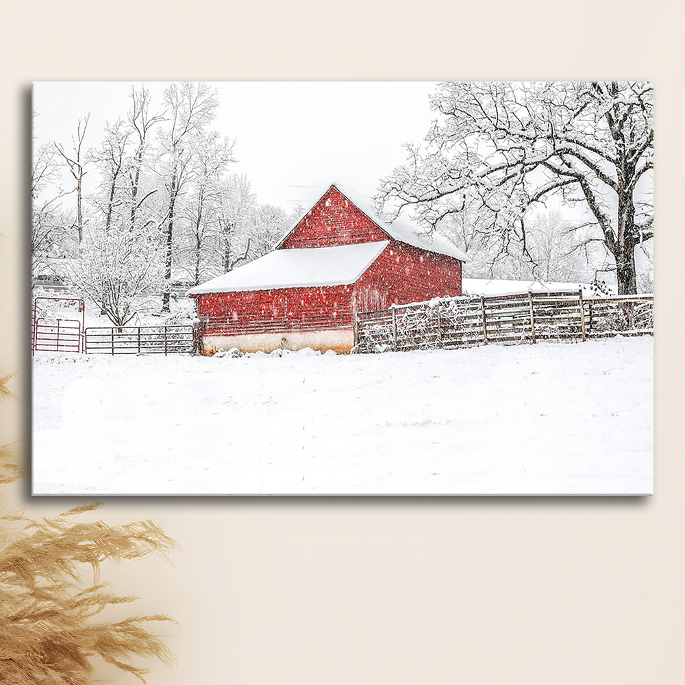 Southern red barn in the snow, Cavas Print Wall Art Hom Decor