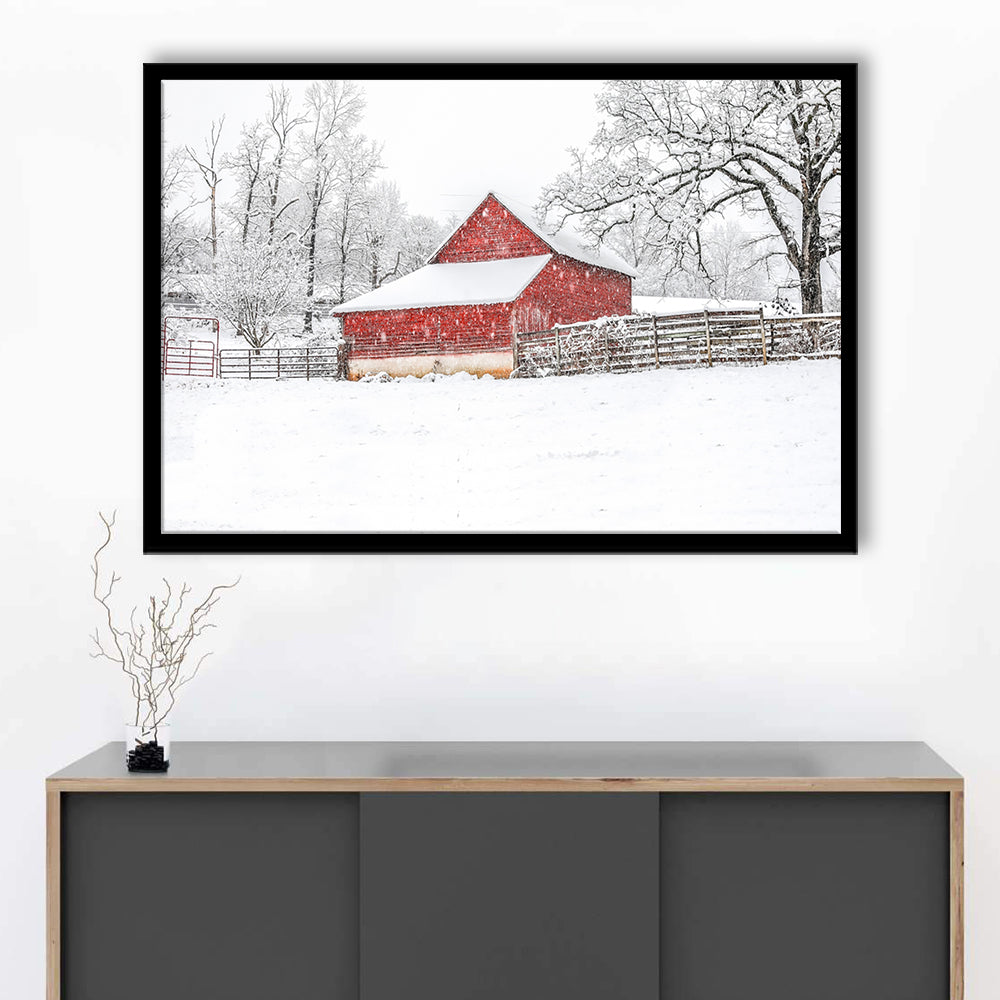 Southern Red Barn In The Snow, Framed Art Print, Picture Framed