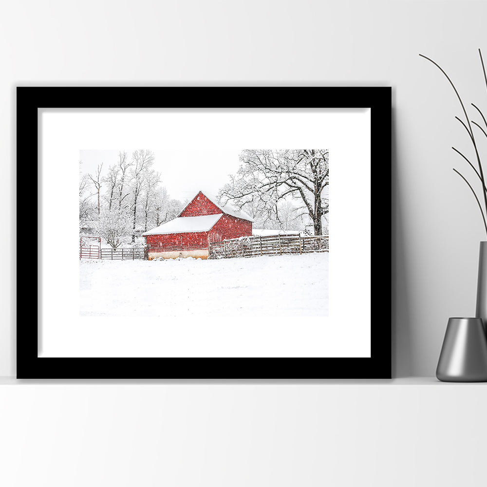 Southern Red Barn In The Snow, Framed Art Print White Border, Framed Picture