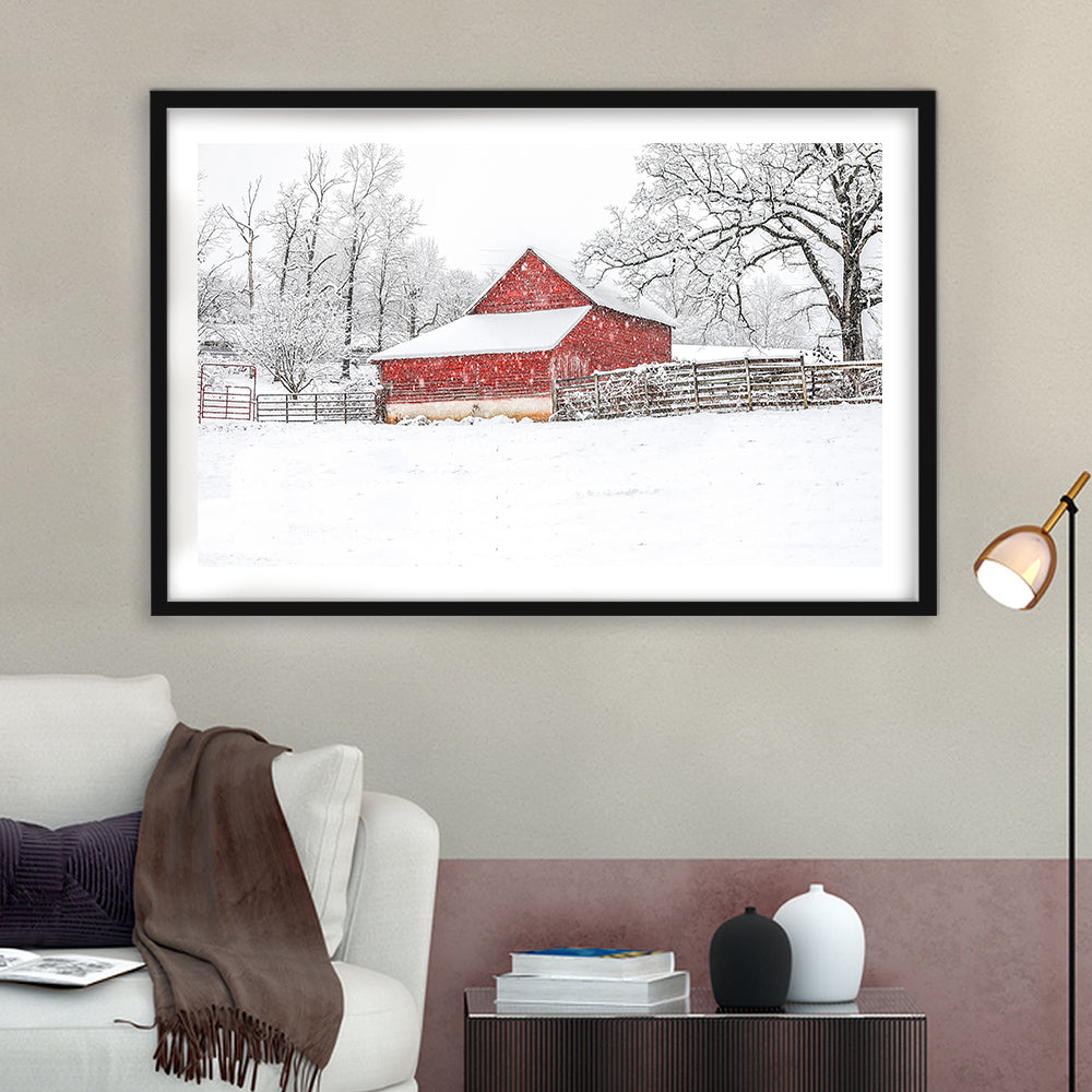 Southern Red Barn In The Snow, Framed Art Print White Border, Framed Picture