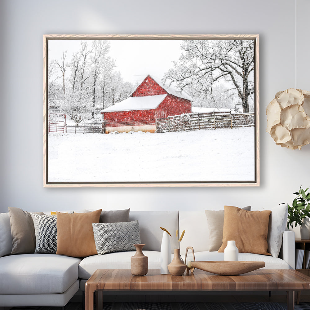 Southern Red Barn In The Snow, Framed Cavas Print, Floating Frame