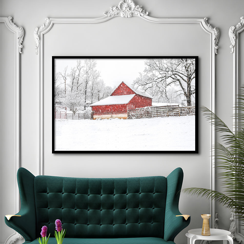 Southern Red Barn In The Snow, Framed Art Print, Picture Framed