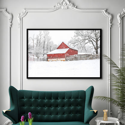 Southern Red Barn In The Snow, Framed Art Print, Picture Framed