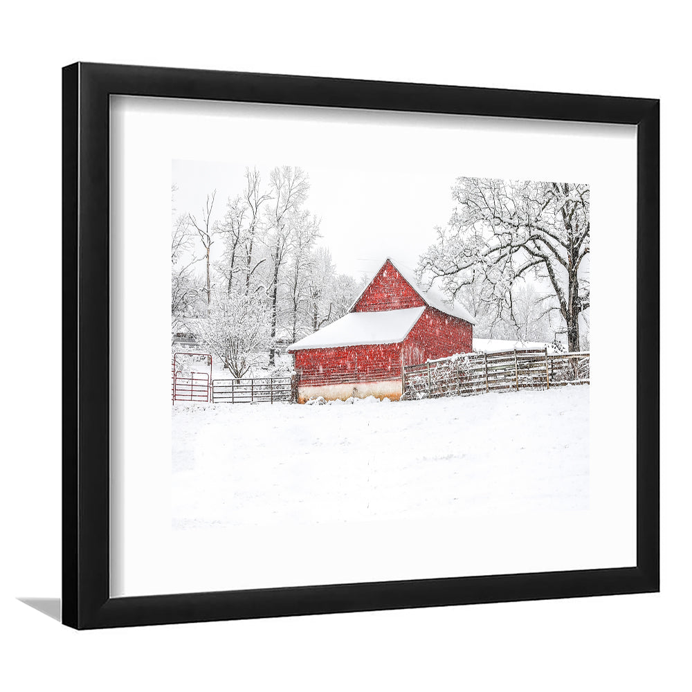 Southern Red Barn In The Snow, Framed Art Print White Border, Framed Picture