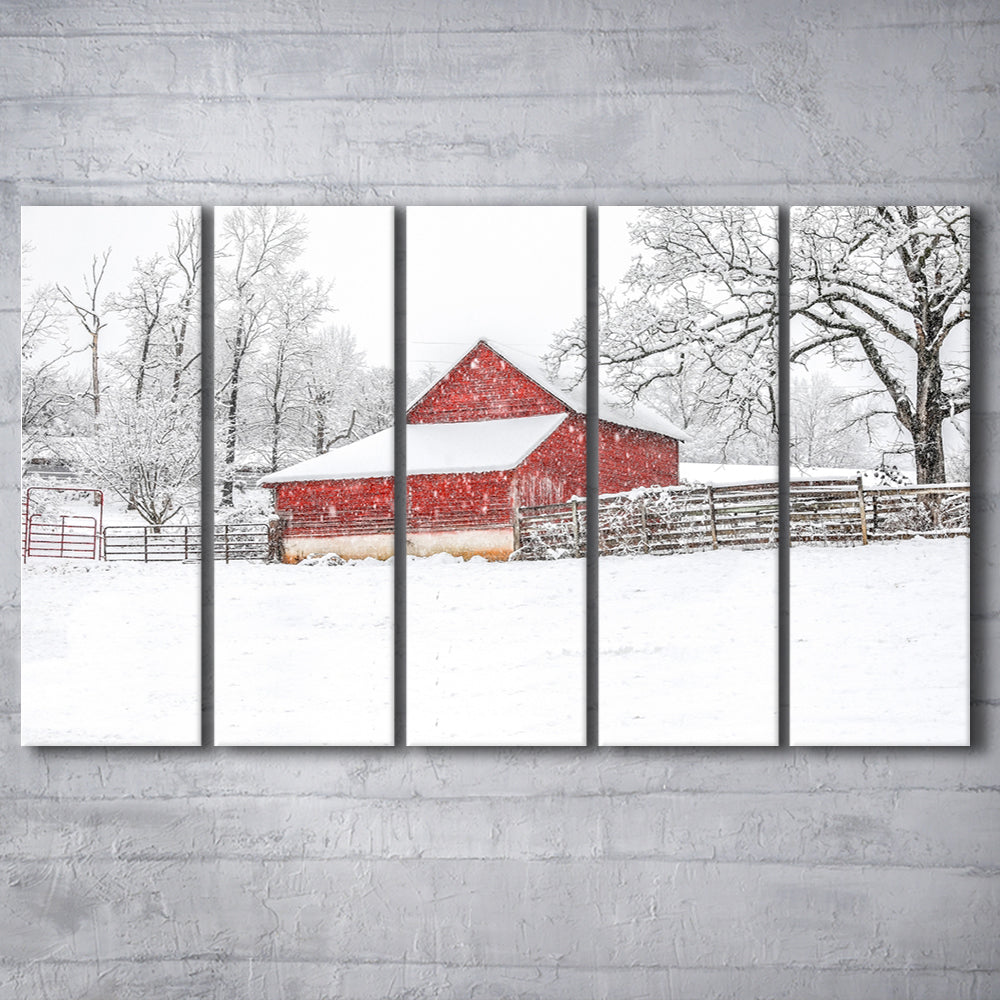 Southern red barn in the snow, 5 Piece B Extra Large Cavas Print Wall Art Decor
