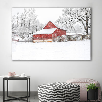 Southern red barn in the snow, Cavas Print Wall Art Hom Decor