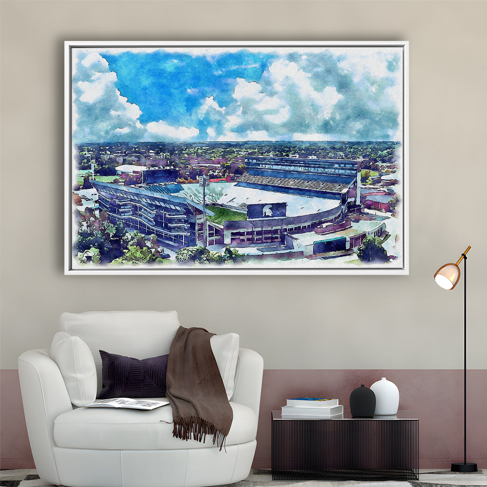 Spartan Painting Stadium Watercolor, East Lansing Michigan Watercolor, Sport Gift Art, Framed Canvas Print Wall Art