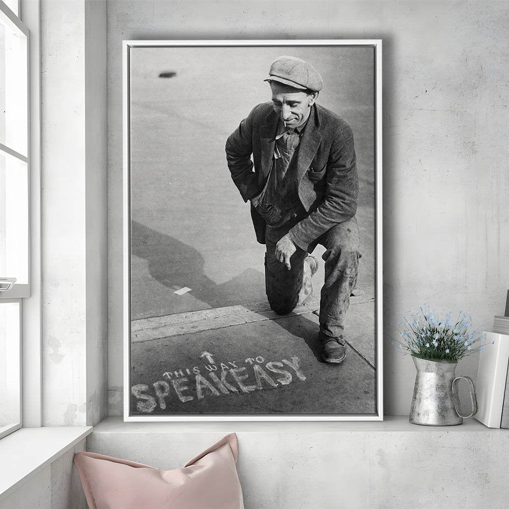 Speakeasy Prohibition Print, Black and White, Bar Cart Print, Man Cave Decor, Floating Framed Canvas Print