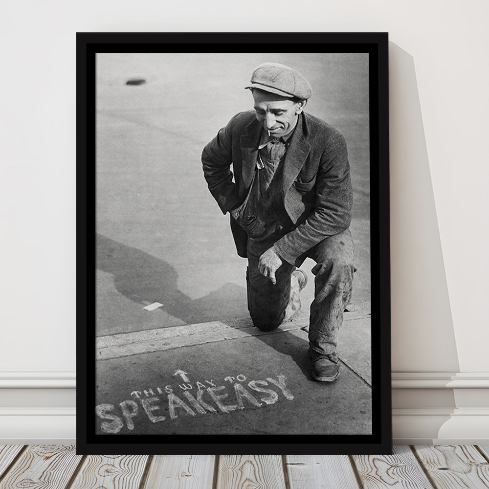 Speakeasy Prohibition Print, Black and White, Bar Cart Print, Man Cave Decor, Floating Framed Canvas Print