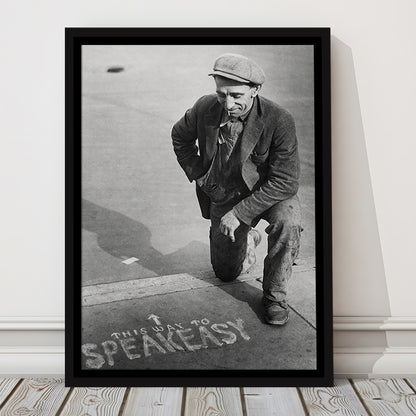 Speakeasy Prohibition Print, Black and White, Bar Cart Print, Man Cave Decor, Floating Framed Canvas Print