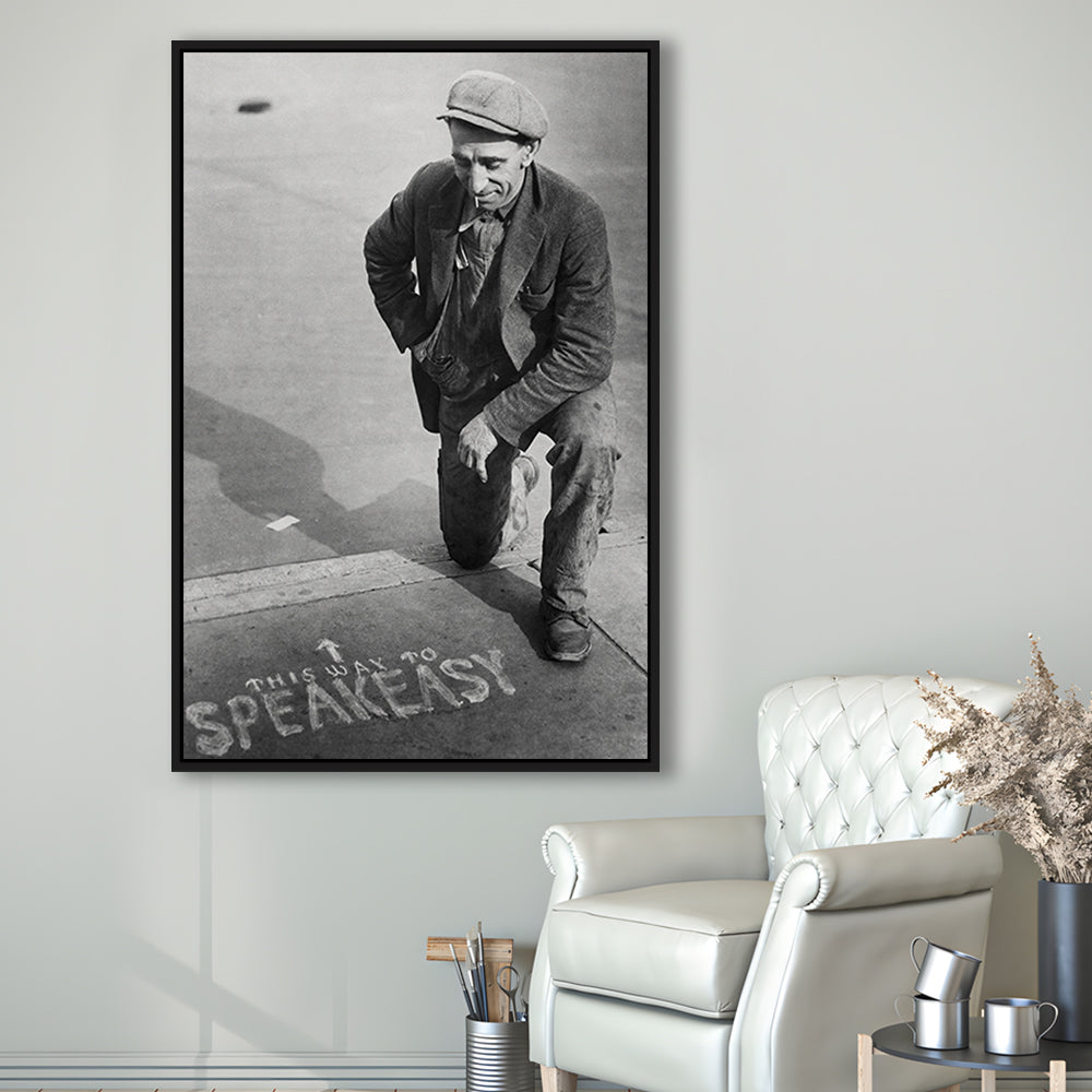 Speakeasy Prohibition Print, Black and White, Bar Cart Print, Man Cave Decor, Floating Framed Canvas Print