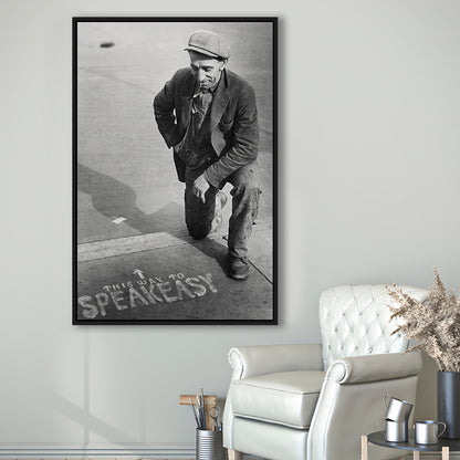 Speakeasy Prohibition Print, Black and White, Bar Cart Print, Man Cave Decor, Floating Framed Canvas Print
