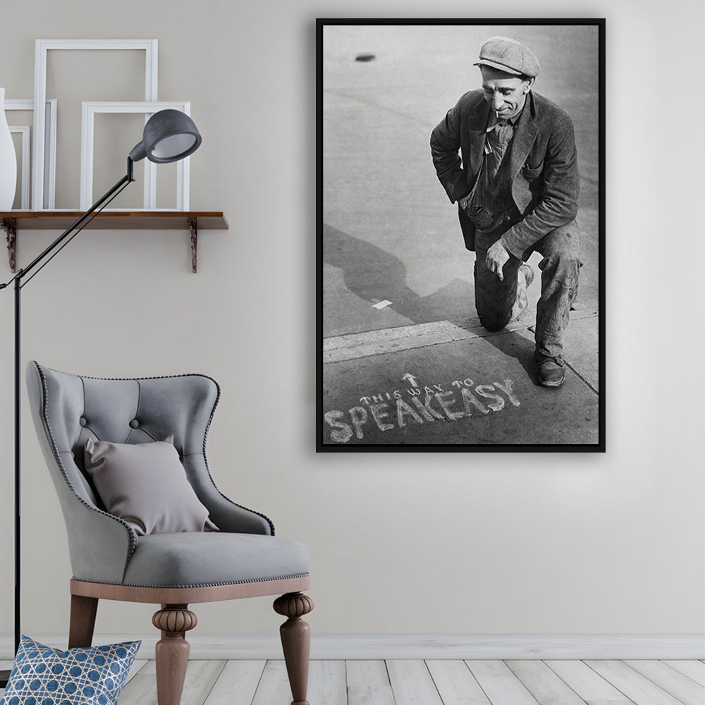 Speakeasy Prohibition Print, Black and White, Bar Cart Print, Man Cave Decor, Floating Framed Canvas Print