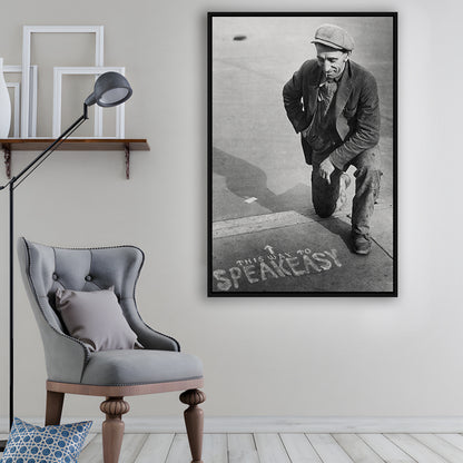 Speakeasy Prohibition Print, Black and White, Bar Cart Print, Man Cave Decor, Floating Framed Canvas Print