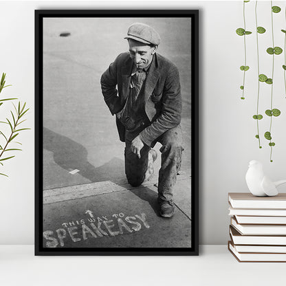 Speakeasy Prohibition Print, Black and White, Bar Cart Print, Man Cave Decor, Floating Framed Canvas Print