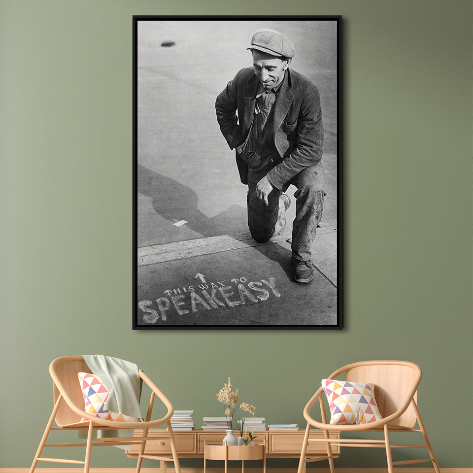 Speakeasy Prohibition Print, Black and White, Bar Cart Print, Man Cave Decor, Floating Framed Canvas Print