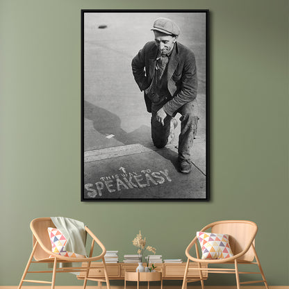 Speakeasy Prohibition Print, Black and White, Bar Cart Print, Man Cave Decor, Floating Framed Canvas Print