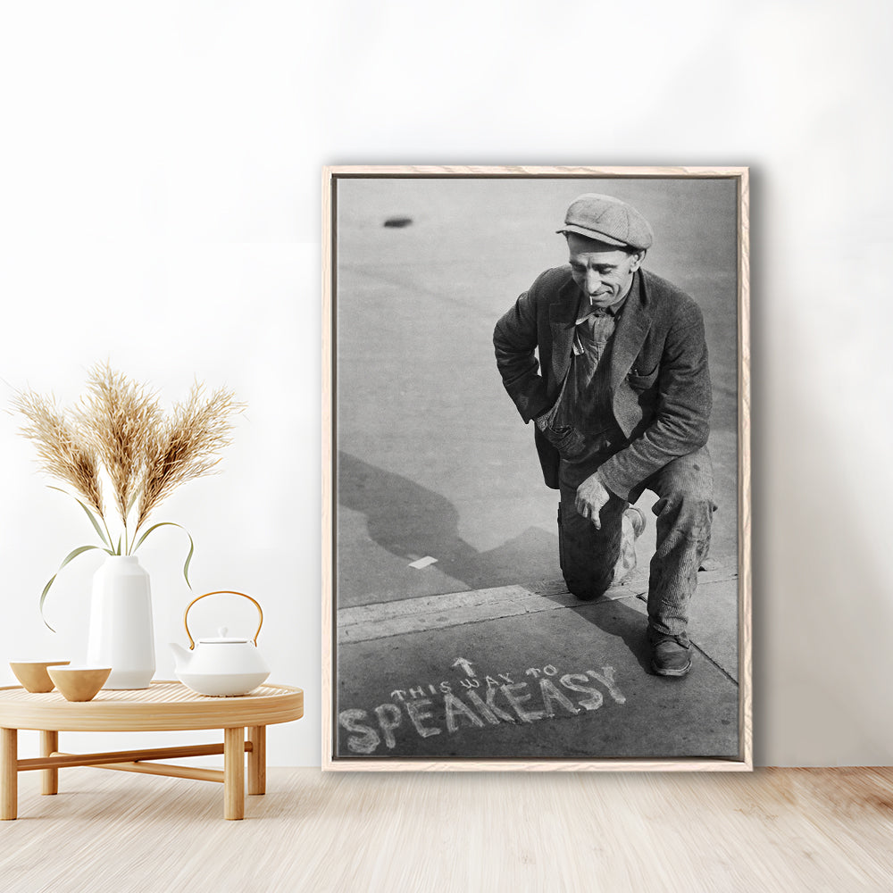 Speakeasy Prohibition Print, Black and White, Bar Cart Print, Man Cave Decor, Floating Framed Canvas Print