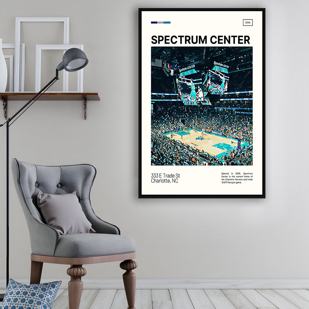 Spectrum Center Print, Charlotte Hornets Stadium Canvas Art, Man Cave Gift, Floating Framed Canvas Print Wall Art