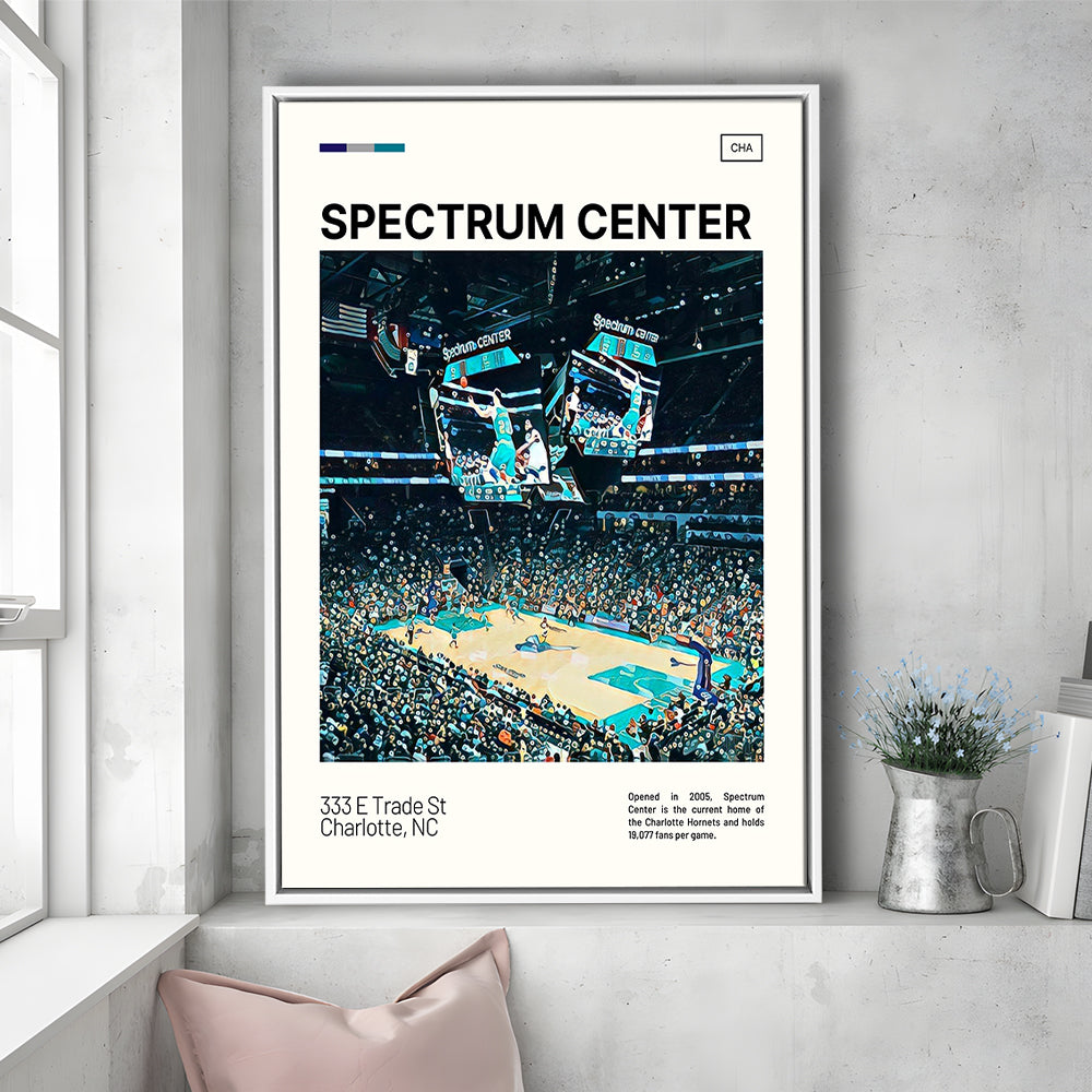 Spectrum Center Print, Charlotte Hornets Stadium Canvas Art, Man Cave Gift, Floating Framed Canvas Print Wall Art
