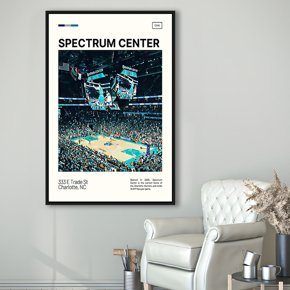 Spectrum Center Print, Charlotte Hornets Stadium Canvas Art, Man Cave Gift, Floating Framed Canvas Print Wall Art