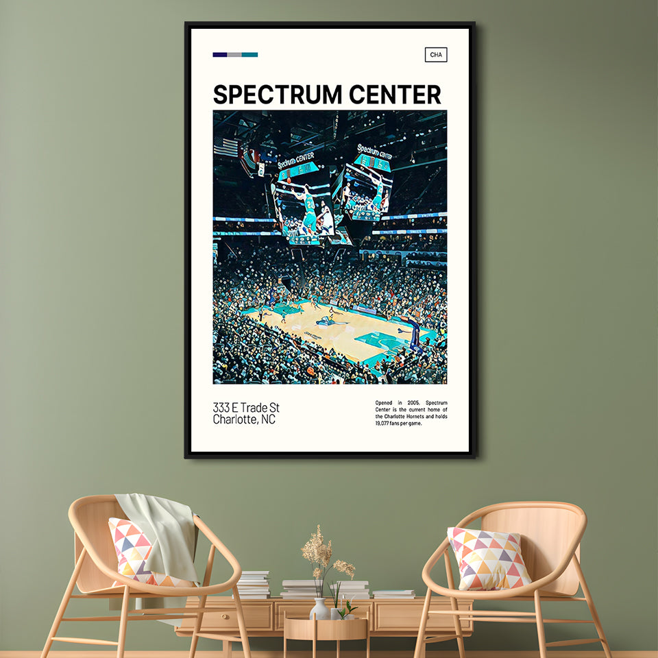 Spectrum Center Print, Charlotte Hornets Stadium Canvas Art, Man Cave Gift, Floating Framed Canvas Print Wall Art