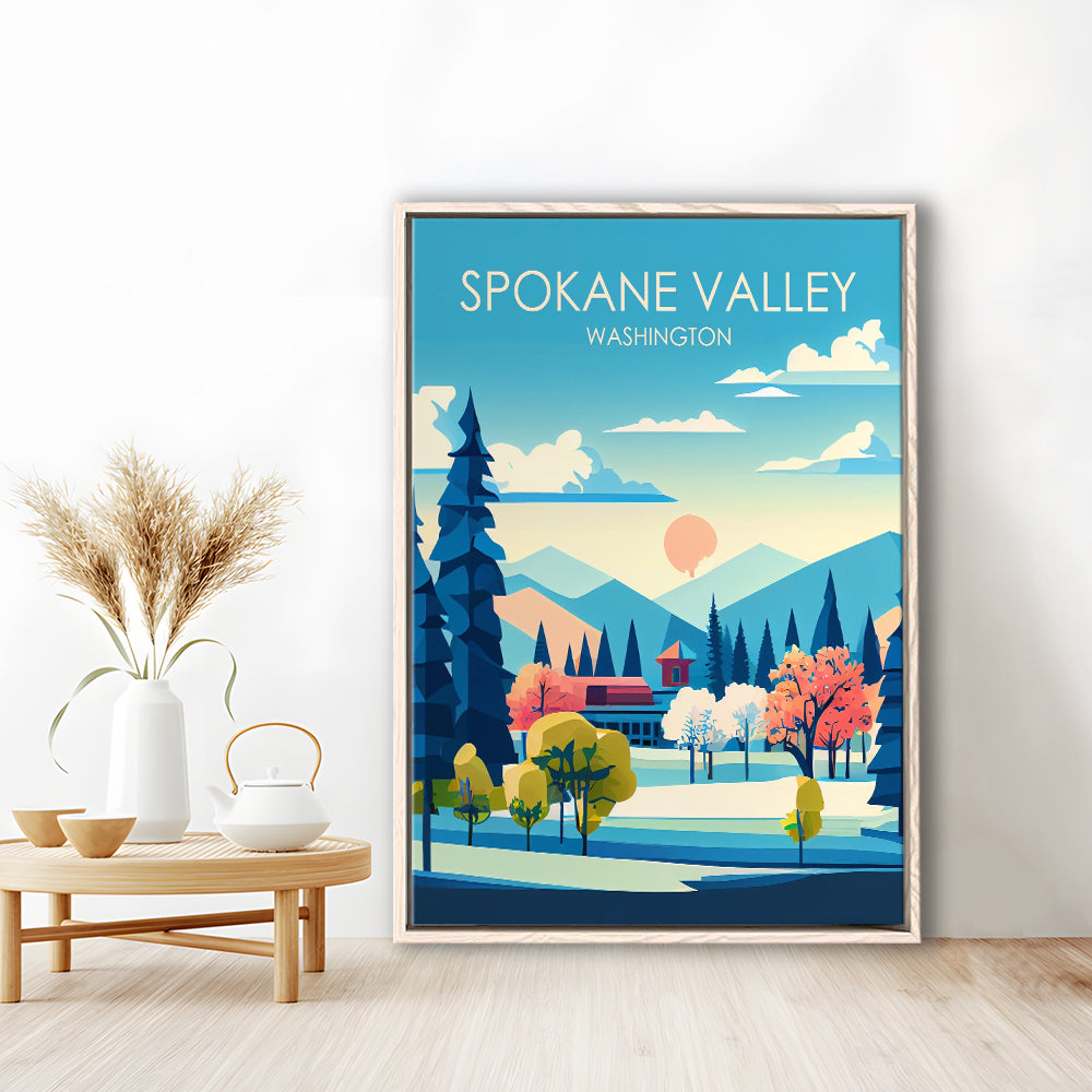 Spokane Valley Washington Retro Art Print, Spokane Valley City Wall Art, Floating Framed Canvas Print, Framed Picture