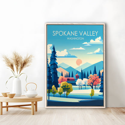 Spokane Valley Washington Retro Art Print, Spokane Valley City Wall Art, Floating Framed Canvas Print, Framed Picture