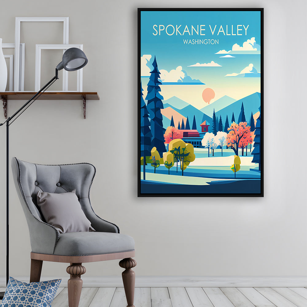 Spokane Valley Washington Retro Art Print, Spokane Valley City Wall Art, Floating Framed Canvas Print, Framed Picture