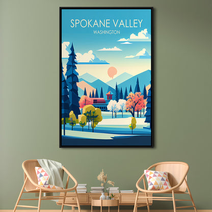 Spokane Valley Washington Retro Art Print, Spokane Valley City Wall Art, Floating Framed Canvas Print, Framed Picture