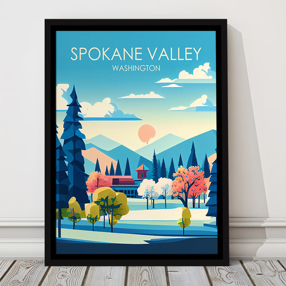 Spokane Valley Washington Retro Art Print, Spokane Valley City Wall Art, Floating Framed Canvas Print, Framed Picture