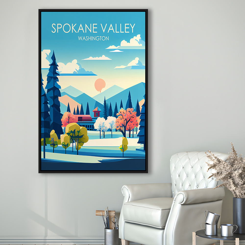 Spokane Valley Washington Retro Art Print, Spokane Valley City Wall Art, Floating Framed Canvas Print, Framed Picture