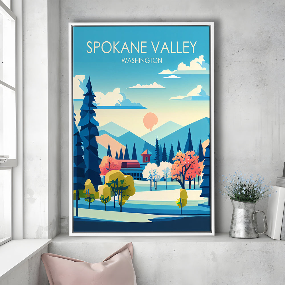 Spokane Valley Washington Retro Art Print, Spokane Valley City Wall Art, Floating Framed Canvas Print, Framed Picture