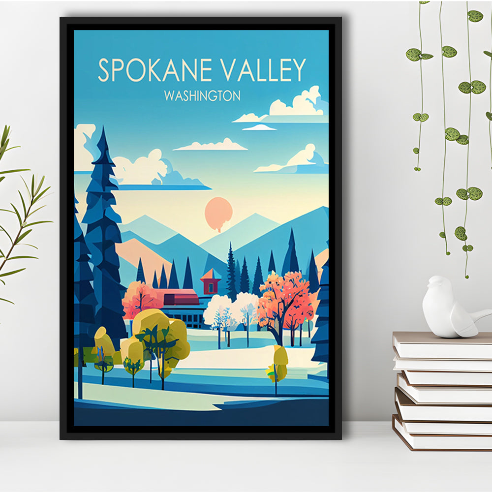 Spokane Valley Washington Retro Art Print, Spokane Valley City Wall Art, Floating Framed Canvas Print, Framed Picture