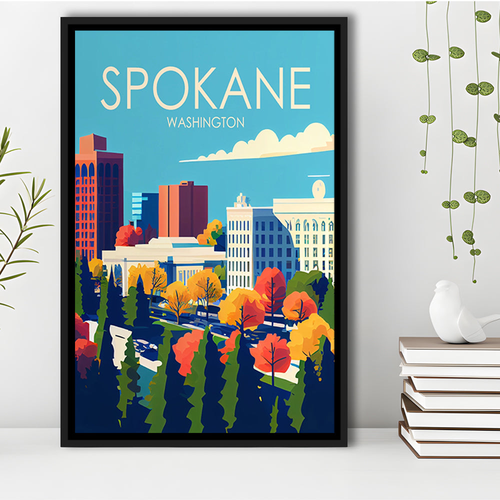 Spokane Washington Retro Art Print, Spokane Washington City Wall Art, Floating Framed Canvas Print, Framed Picture, Painting Canvas