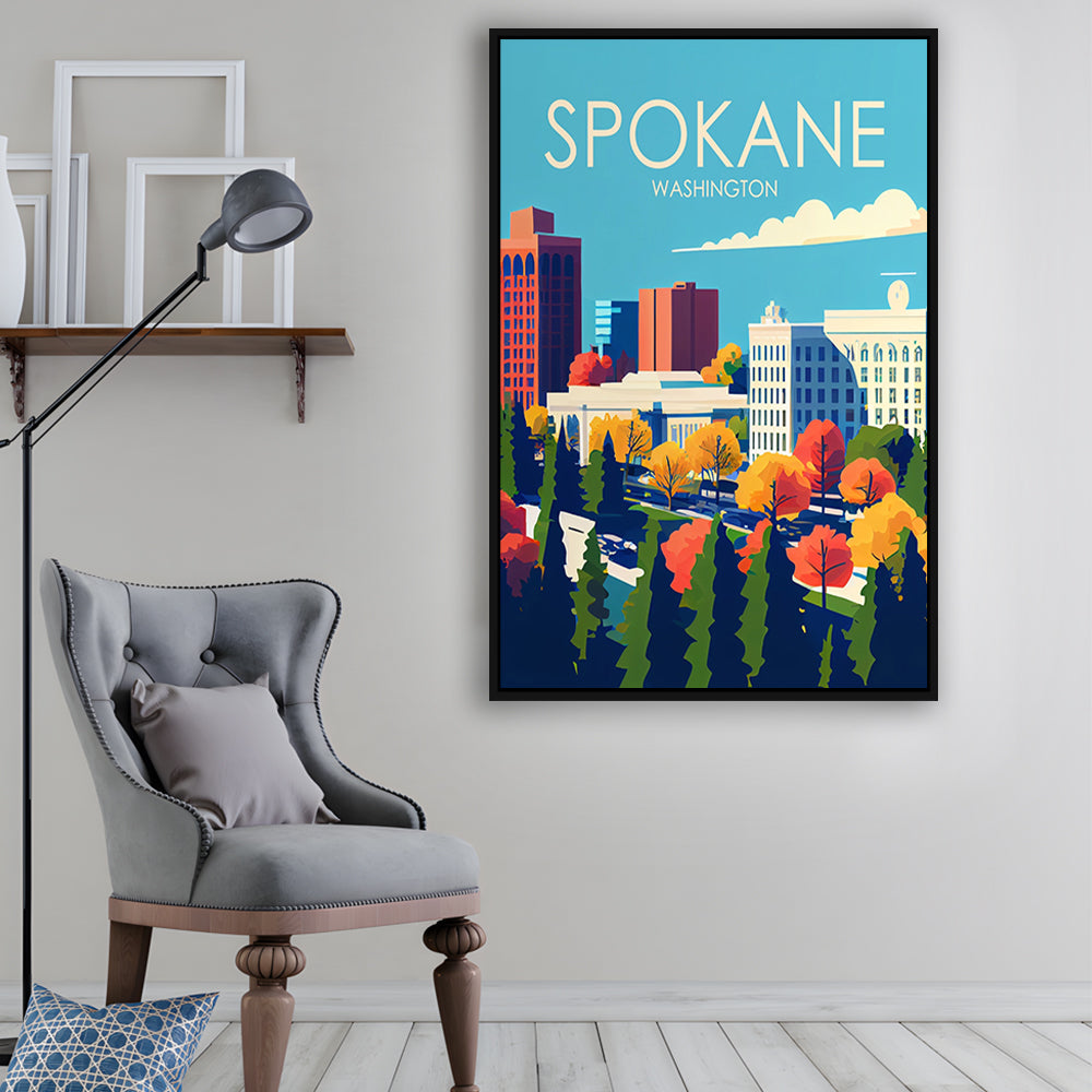 Spokane Washington Retro Art Print, Spokane Washington City Wall Art, Floating Framed Canvas Print, Framed Picture, Painting Canvas