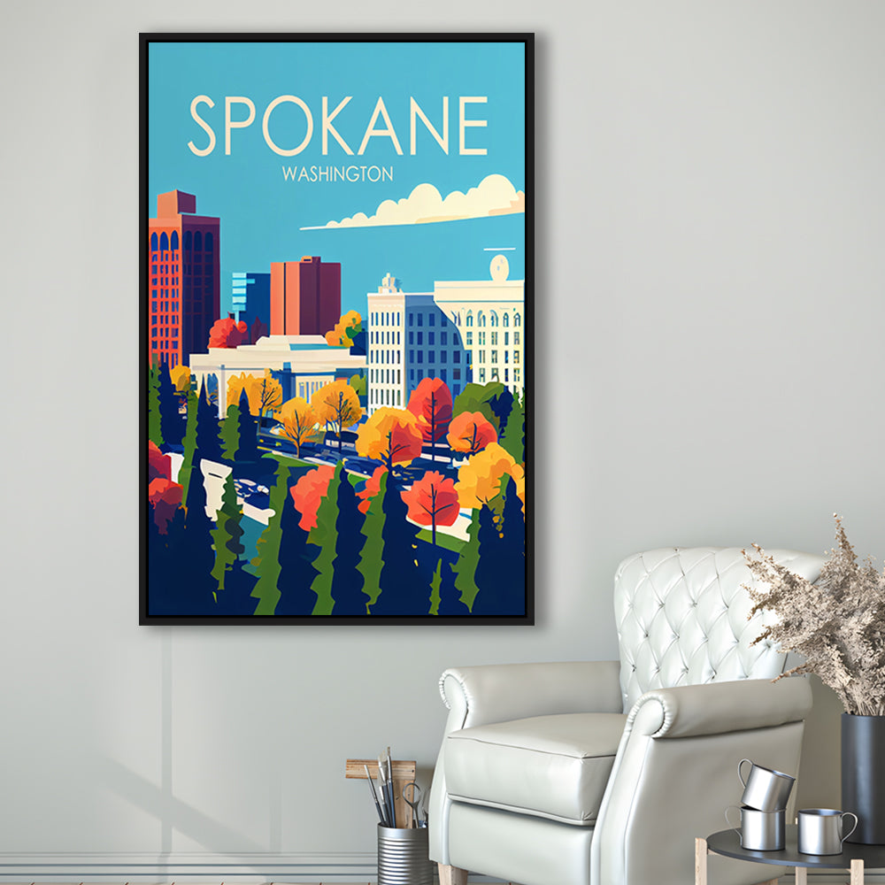 Spokane Washington Retro Art Print, Spokane Washington City Wall Art, Floating Framed Canvas Print, Framed Picture, Painting Canvas