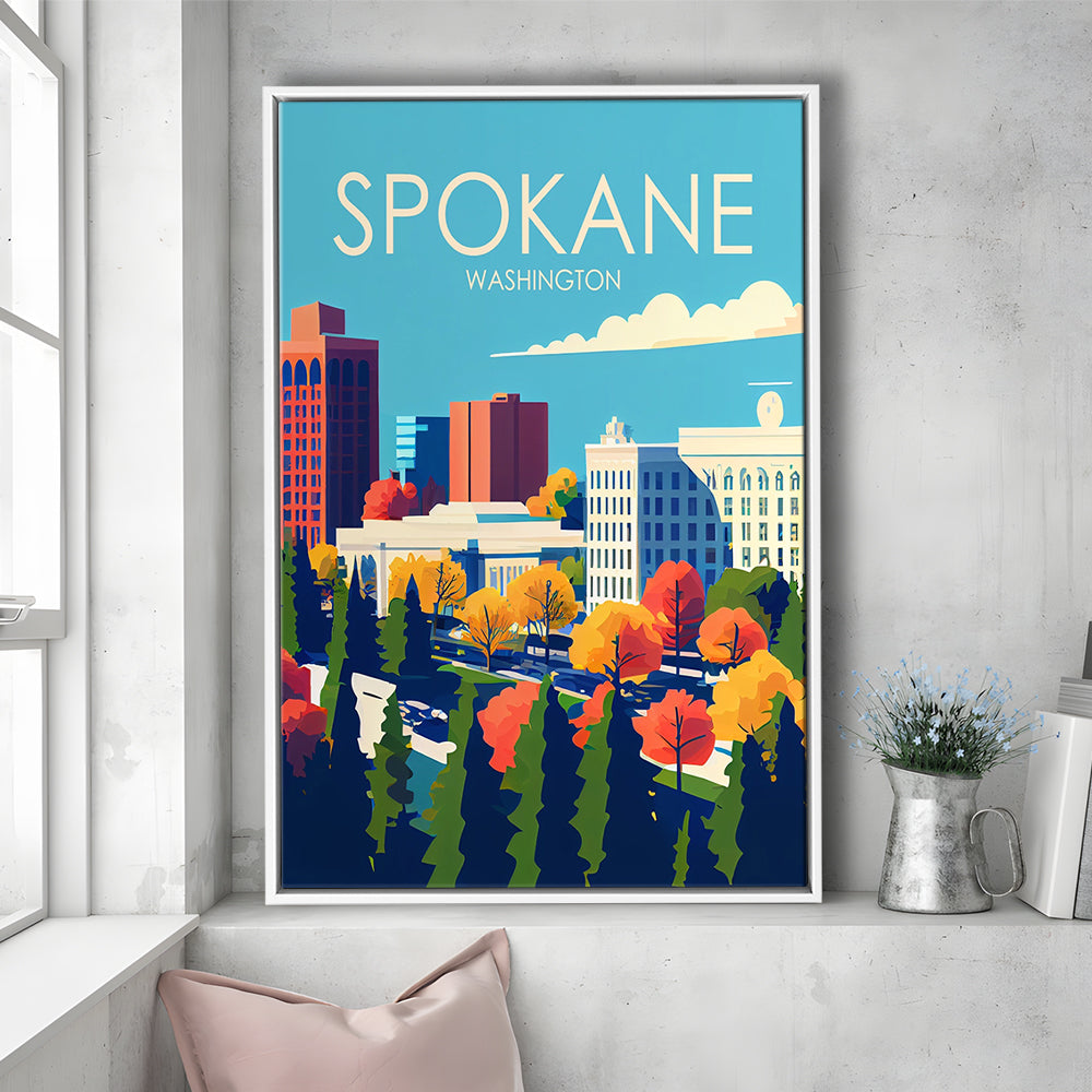 Spokane Washington Retro Art Print, Spokane Washington City Wall Art, Floating Framed Canvas Print, Framed Picture, Painting Canvas