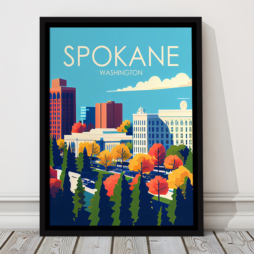 Spokane Washington Retro Art Print, Spokane Washington City Wall Art, Floating Framed Canvas Print, Framed Picture, Painting Canvas