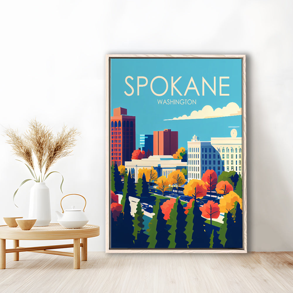 Spokane Washington Retro Art Print, Spokane Washington City Wall Art, Floating Framed Canvas Print, Framed Picture, Painting Canvas
