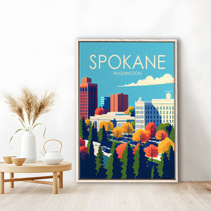 Spokane Washington Retro Art Print, Spokane Washington City Wall Art, Floating Framed Canvas Print, Framed Picture, Painting Canvas