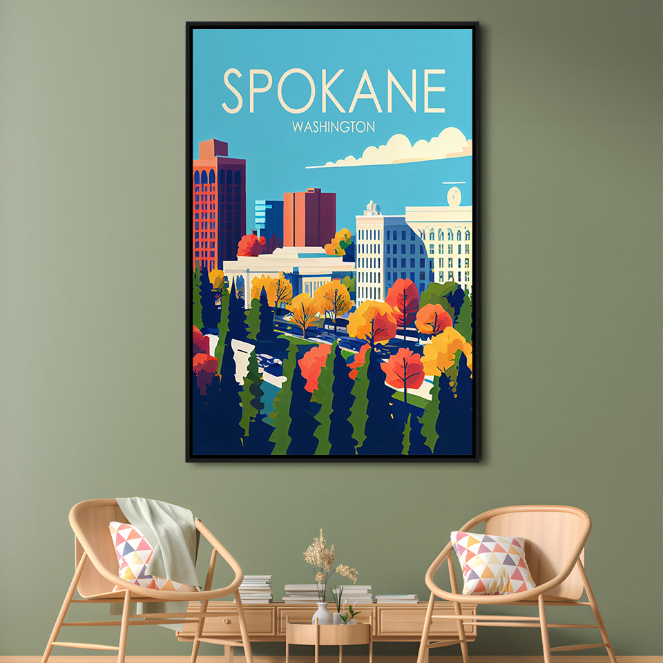 Spokane Washington Retro Art Print, Spokane Washington City Wall Art, Floating Framed Canvas Print, Framed Picture, Painting Canvas