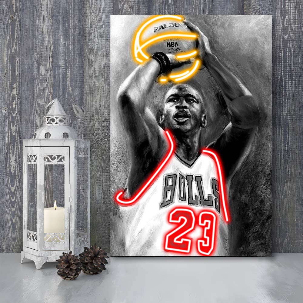 Sport MJ, Neon Sign Effect, Canvas Print, Luxury Wall Art Decor, Modern Art