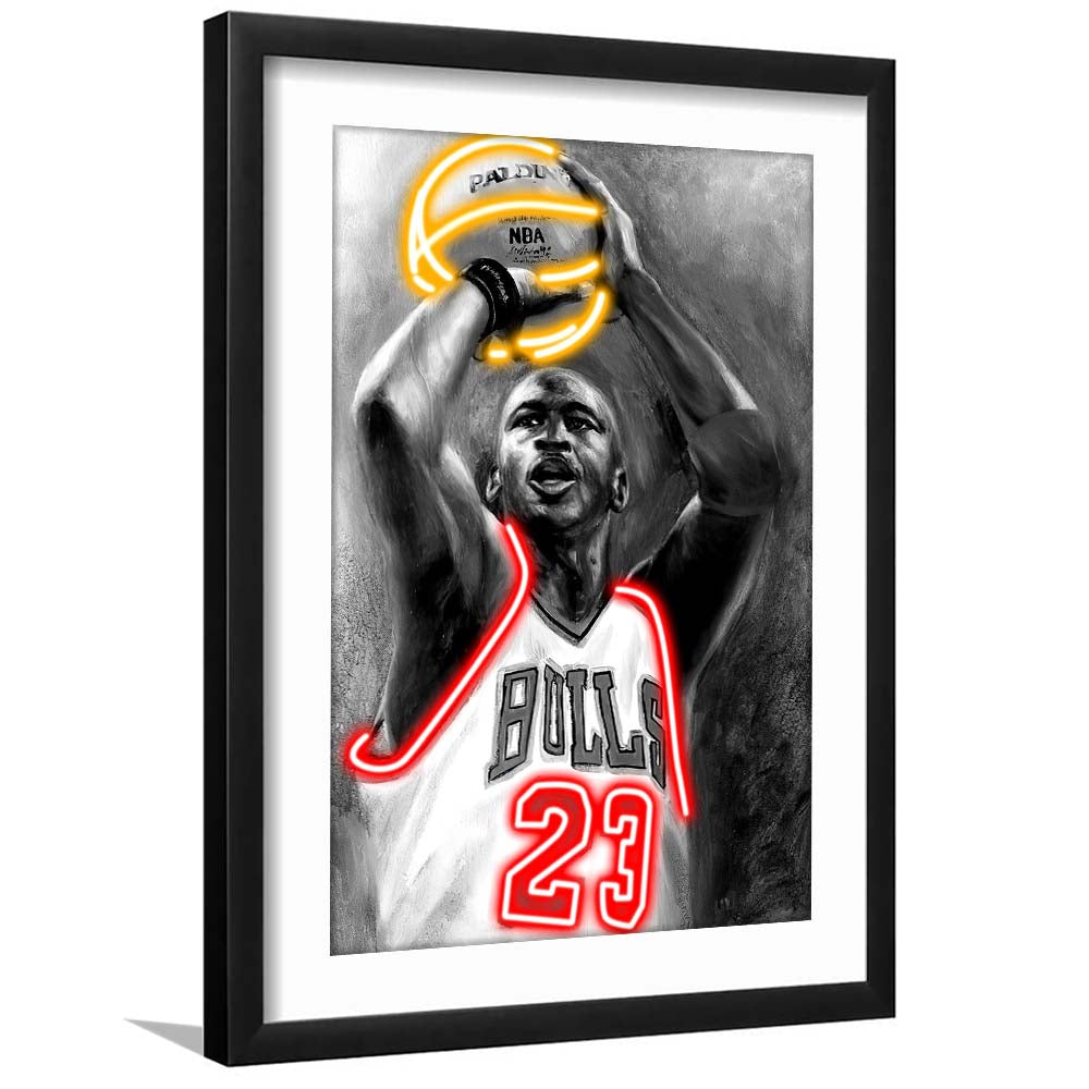 Sport MJ, Neon Sign Effect, Framed Art Print, Luxury Pictures Framed, White Border