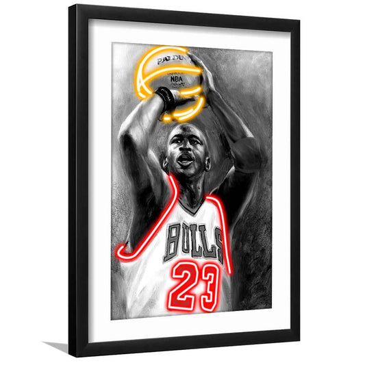 Sport MJ, Neon Sign Effect, Framed Art Print, Luxury Pictures Framed, White Border