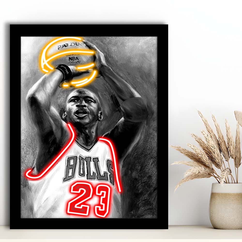 Sport MJ, Neon Sign Effect, Framed Art Print, Picture Framed Wall Art Decor