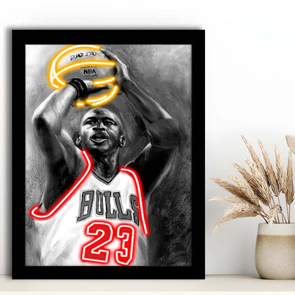 Sport MJ, Neon Sign Effect, Framed Art Print, Picture Framed Wall Art Decor